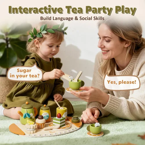Miniatura 5 de Juego de té de madera para niños pequeños, juguetes de fiesta de té de simulación para niños de 3 a 5 años, regalo para niñas y niños