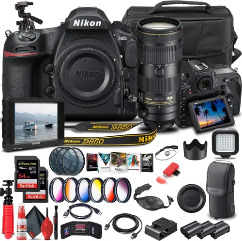 Nikon Cámara DSLR D850 (solo cuerpo) (1585) + lente Nikon VR de 2.756-7.874 in + tarjeta de memoria de 64 GB + funda + software Corel + 2 baterías