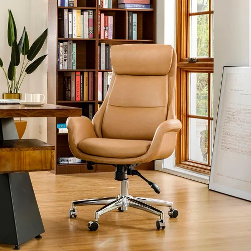 Glitzhome Silla de oficina ejecutiva moderna, silla de escritorio ergonómica de piel sintética con respaldo alto, silla de oficina giratoria de