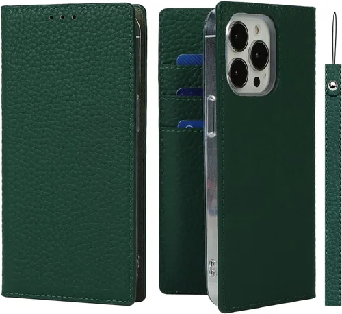 Miniatura 15 de iCoverCase Compatible con iPhone 13 Pro Max, funda magnética de piel auténtica con bloqueo RFID, correa para la muñeca y ranuras para tarjetas, Rojo