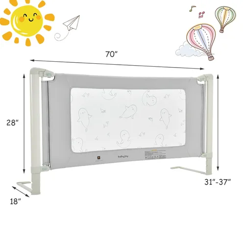 Miniatura 7 de BABY JOY Rieles de cama para niños pequeños, 70 pulgadas extra largas, protección de riel para niños de altura ajustable con doble bloqueo de Gris