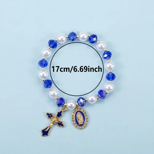 Miniatura 5 de Pulsera elástica de Virgen María con dije de cruz – Cristal de perlas multicolor con cuentas de joyería religiosa católica para mujer, regalo