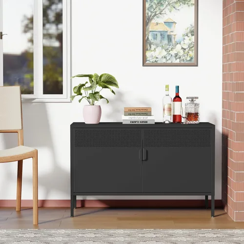 Miniatura 6 de Ustamio Gabinete de Almacenamiento de Metal Ancho Negro con Casillero, Gabinete de Acento de 2 Puertas para Hogar y Oficina, Gabinete de Metal Bajo