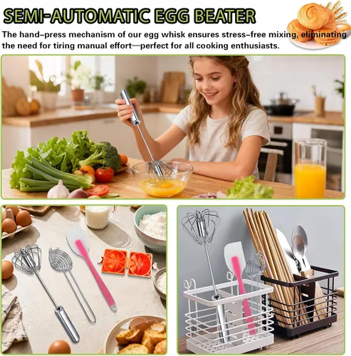 Miniatura 6 de Batidor semiautomático, batidor de huevo de acero inoxidable, batidor de huevos, girador de huevos, herramienta de Wisking, agitador de mano