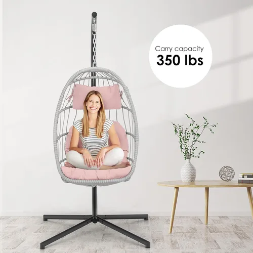Miniatura 3 de Silla colgante de huevo con soporte, sillas de huevo rosadas, sillas de mimbre para interiores y exteriores, dormitorio, jardín, marco de acero