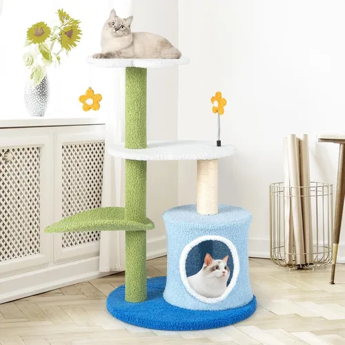 Miniatura 9 de Tangkula Bonito árbol para gatos, torre para gatos de flores con poste rascador de sisal, perca en forma de hoja de felpa, condominio espacioso