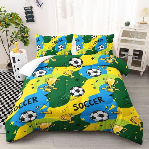 Miniatura 15 de AILONEN Football Themed Children's Double Three piece Bedding Set, Boys' Sports Printed Duvet Cover, Blue Orange Sports Blanket, 2 Pillowcases