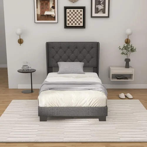 Miniatura 3 de Giantex Base de cama individual para niños, cama tapizada de tela moderna con cabecera capitoné con botones en la parte trasera de alas, base