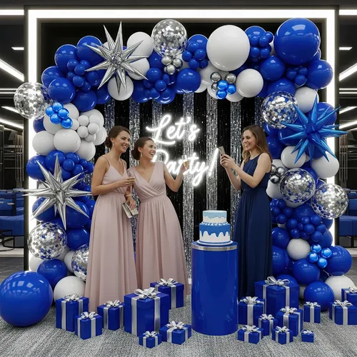 Miniatura 6 de Kit de arco de guirnalda de globos azul real, blanco y plateado, globos azules metálicos con globos de papel de aluminio en forma de explosión Azul