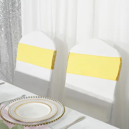 Miniatura 6 de Poise3EHome Juego de 50 bandas elásticas de lentejuelas doradas para sillas de una cara, lazos decorativos para bodas, fiestas, eventos, fundas