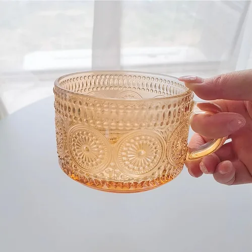 Miniatura 5 de MFACOY Juego de 2 tazas de café vintage, tazas de té de vidrio de 14 onzas con asa, tazas de vidrio en relieve ámbar para capuchino, latte