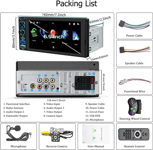 Miniatura 8 de Estéreo de coche de un solo DIN con Apple Carplay inalámbrico y Android Auto, radio IPS de 6.9 pulgadas con pantalla táctil Bluetooth 5.2, control