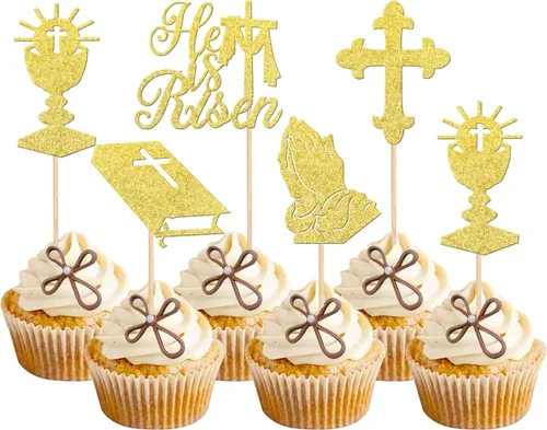Miniatura 13 de 30 piezas de decoración para magdalenas de Pascua con purpurina de cruz religiosa He is resucitado para cupcakes de la Santa Biblia, Dios bendiga