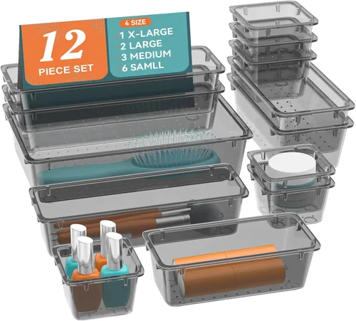 ElegantArray Juego de organizador de cajones de 12 piezas, 4 tamaños, organizador de tocador de plástico versátil para maquillaje, papelería, Negro