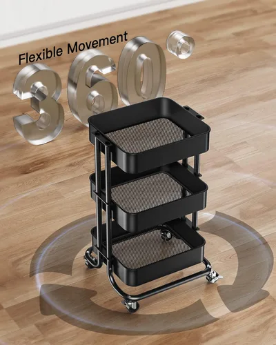 Miniatura 7 de Pipishell Carrito utilitario de metal de 3 niveles, carrito rodante de almacenamiento resistente con 2 ruedas bloqueables, carrito de organización