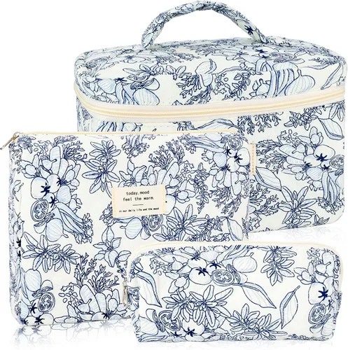 Miniatura 17 de URSKYTOUS Juego de 3 Bolsas de Maquillaje Acolchadas, Set de Bolsas de Cosméticos con Lazo para Viaje, Bolsa Grande de Maquillaje para Mujeres