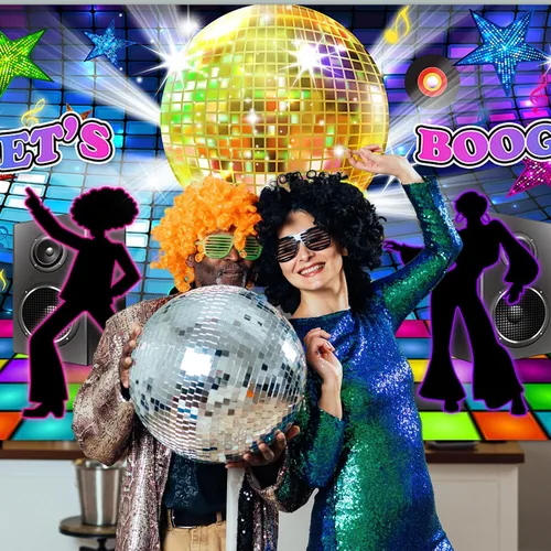 Miniatura 5 de Avezano Fondo de discoteca de regreso a los años 70, 80 y 90, decoración de fiesta de baile, pancarta Let's Boogie para fiesta de cumpleaños, telón