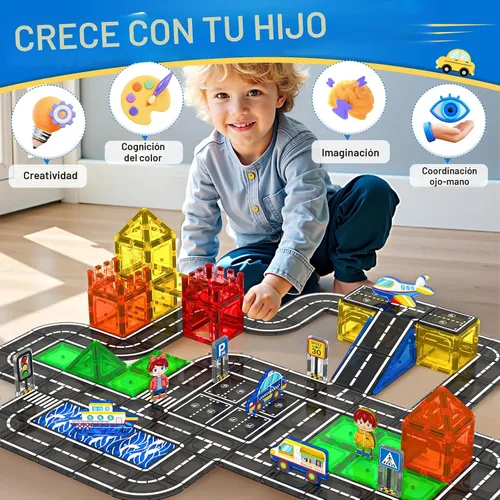 Miniatura 5 de Juego de 112 piezas de azulejos magnéticos para carretera con colores vibrantes y fuerza ultra magnética, bloques de construcción de carreteras