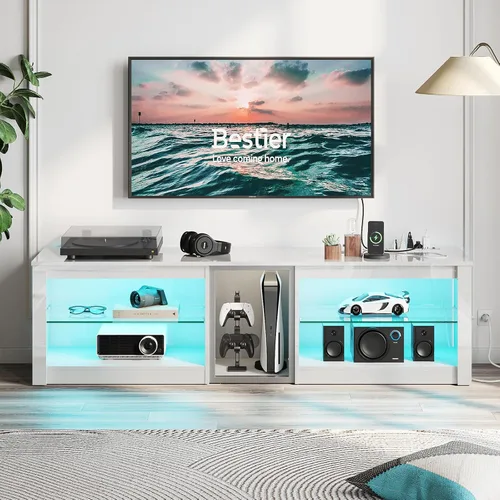 Miniatura 7 de Bestier Soporte de TV para TV de 70 pulgadas, centro de entretenimiento para juegos para PS5, gabinete de TV LED con estantes de vidrio para sala