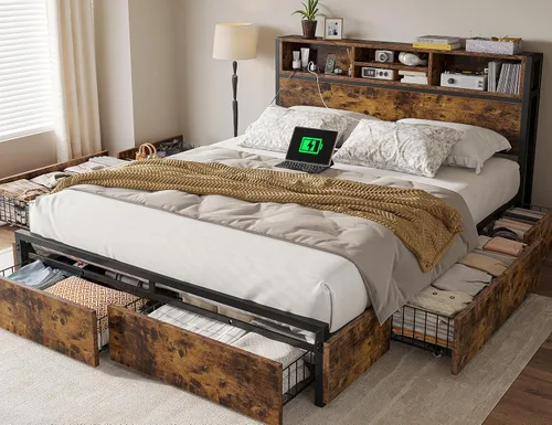 Miniatura 3 de EnHomee Base de cama Queen con 6 cajones de almacenamiento, marco de cama Queen con cabecero, marco de cama tamaño Queen con estación de carga