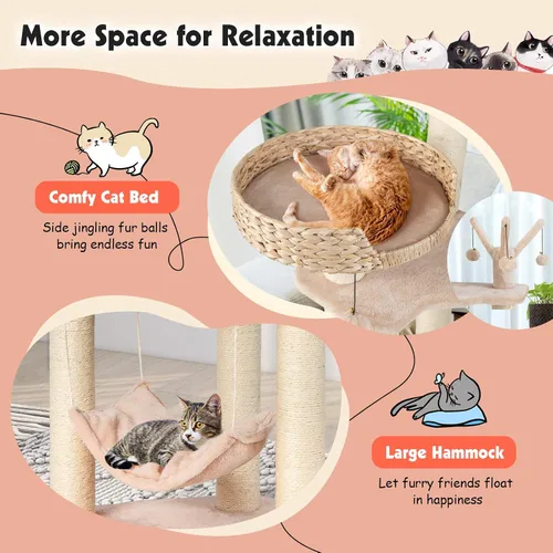Miniatura 3 de PETSITE Árbol tejido para gatos, moderna torre para gatos con hamaca y postes rascadores, condominio de cola de espadaña y percha superior, árbol