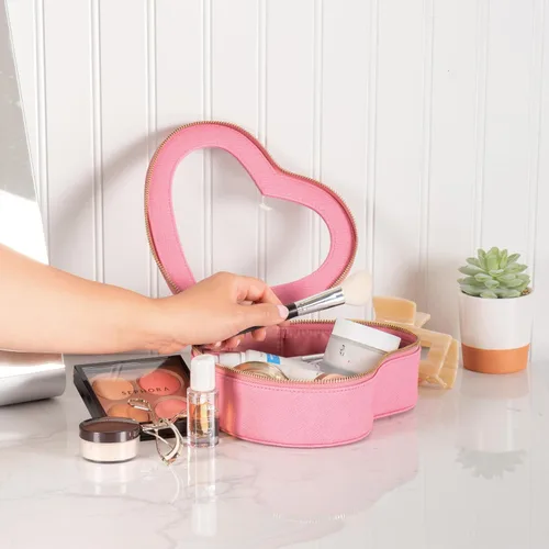 Miniatura 9 de Bolsa de maquillaje con forma de corazón – Bolsa de cosméticos de corazón rosa con cubierta transparente – Ideas de regalo para mujeres, mamá