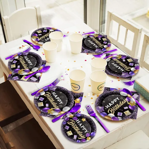 Miniatura 7 de Wiooffen 96 piezas de juego de vajilla para fiesta de cumpleaños morado - Juego de platos, servilletas y vajilla morados y negros, suministros