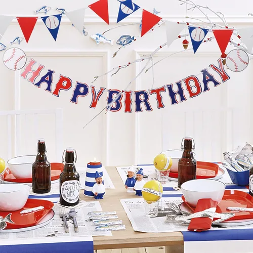 Miniatura 5 de Juego de 5 pancartas de béisbol de cumpleaños, guirnaldas de papel para deportes de béisbol, banderines de papel, banderines, decoración