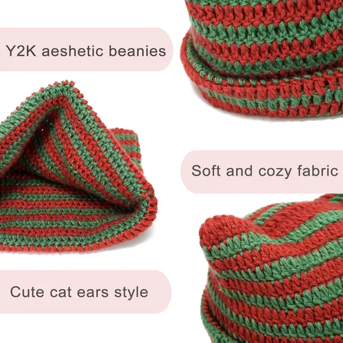 Miniatura 6 de CATMICOO Y2k Beanie Knit Cat Ear Beanies - Gorros de ganchillo para mujer