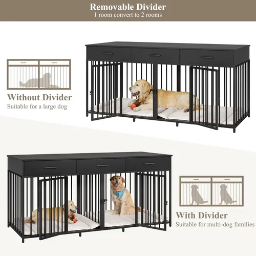 Miniatura 6 de HOSTACK Mueble doble para perros, perrera de 71 pulgadas de ancho para interiores con 3 cajones, jaula de granja para perros para 2 perros Negro