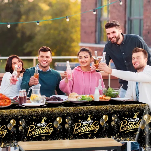 Miniatura 2 de Decoraciones de feliz cumpleaños, mantel dorado y negro, fundas rectangulares de plástico desechables para hombres y mujeres, fiesta de cumpleaños