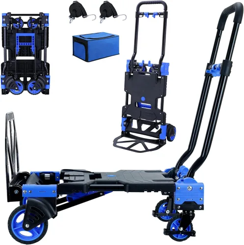 Carro de mano plegable 2-1, carrito de mano de capacidad de 330 libras, carretilla de mano plegable con mango retráctil y 4 ruedas de goma, carrito