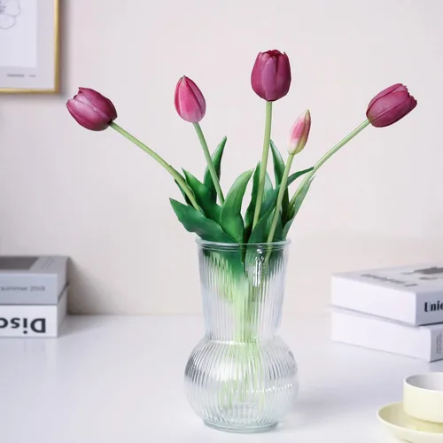Miniatura 19 de Tulipanes falsos de tacto real premium de 16 pulgadas, flores artificiales con brotes, tallo flexible fácil de moldear, tulipanes sintéticos