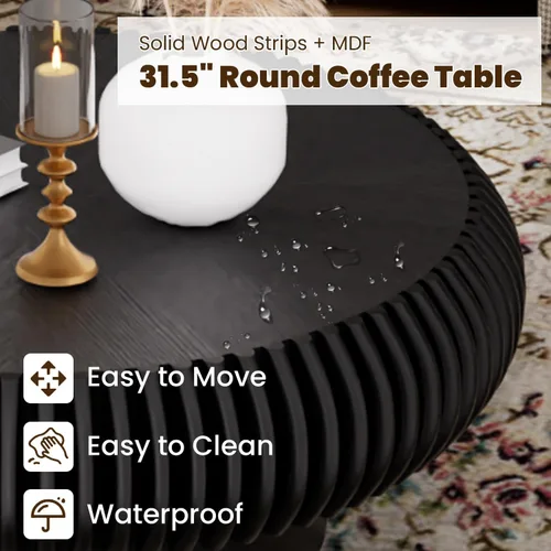 Miniatura 5 de Mesa de centro de tambor de 31.5 pulgadas, moderna y única, mesa de té acanalada, mesa de centro redonda de madera contemporánea con mesa central