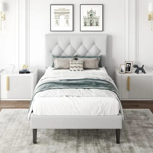 Miniatura 16 de CXVX Marco de cama de tamaño matrimonial con estructura de plataforma y cabecera tapizada, diseño con botones, listones de madera resistentes,