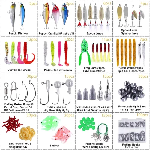 Miniatura 2 de PLUSINNO Señuelos de pesca, cebo que incluye crankbaits, spinnerbaits, gusanos de plástico, plantillas, señuelos de agua superior, caja de aparejos