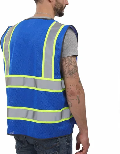 Miniatura 2 de Dib Safety Chaleco de malla reflectante de alta visibilidad en dos tonos con bolsillos y cremallera, malla azul con ribete amarillo, L Azul