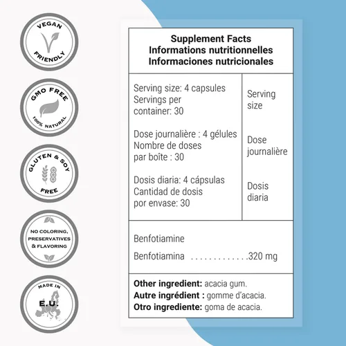 Miniatura 4 de Supersmart - Benfotiamina 320 mg por día (alta potencia) - Tiamina biodisponible - Suplemento de vitamina B1 Benfotiamina Sin OMG y sin gluten
