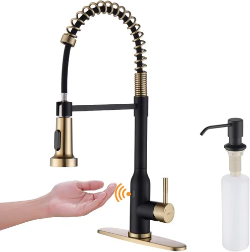 Grifo de Cocina sin Contacto, KEER Sensor de Movimiento Inteligente sin Manos de Mango Único con Resorte para Fregadero de Cocina con Rociador Oro
