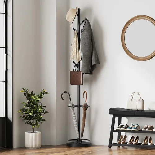 Miniatura 2 de YATINEY Perchero independiente con soporte para paraguas, perchero con 8 ganchos, árbol de abrigo resistente para entrada, perchero moderno, soporte