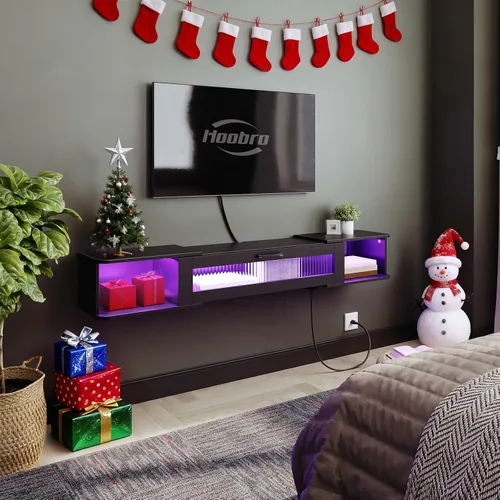 Miniatura 4 de HOOBRO Soporte de TV flotante con luz LED y toma de corriente para televisores de hasta 65 pulgadas, estante de TV montado en la pared, consola