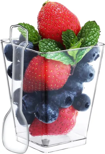 Miniatura 9 de SHOPDAY Vasos de postre de plástico de 5 onzas, paquete de 50 tazas pequeñas de parfait cuadrado transparente con cucharas, mini vasos de plástico
