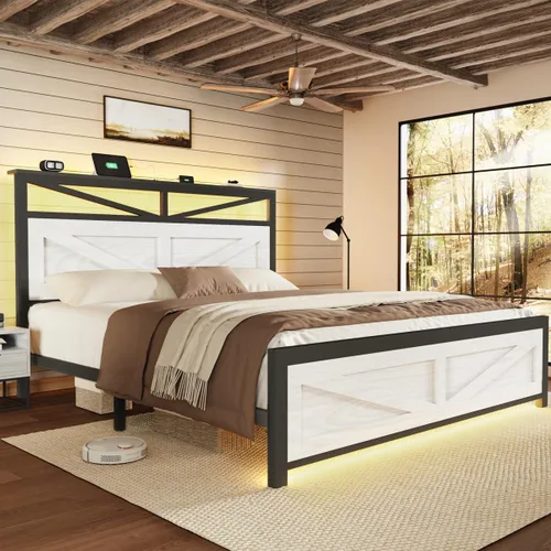 Miniatura 9 de Marco de cama rústico de tamaño completo con cabecera de puerta de granero y almacenamiento, marco de cama LED estilo granja de tamaño completo