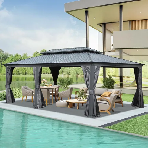 Miniatura 15 de Domi - Cenador permanente de metal con techo rígido de 8 x 8 pies, con doble techo de acero galvanizado, cortinas y malla para fiestas, bodas, Gris