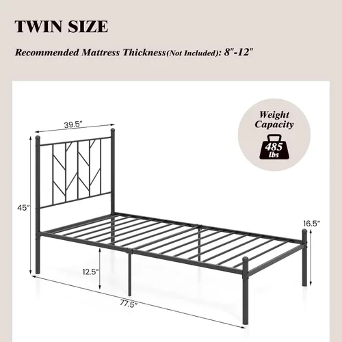 Miniatura 2 de KOMFOTT Base de cama de plataforma de metal tamaño individual, marco de cama de metal resistente con soporte de listones resistentes, almacenamiento