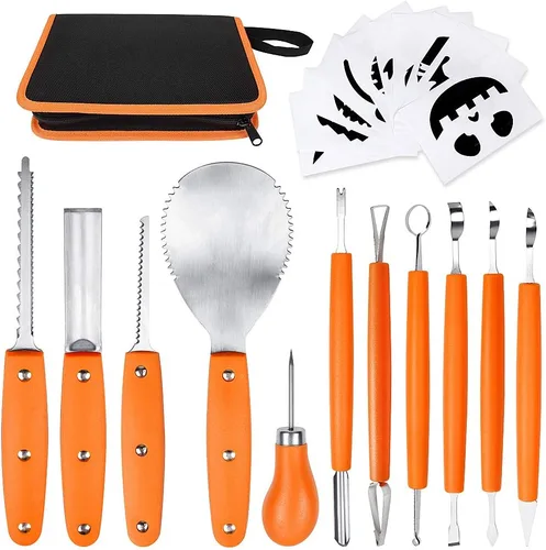 Kit profesional de tallado de calabaza, 11 piezas de herramientas de tallado de acero inoxidable resistentes para Halloween con estuche de Naranja