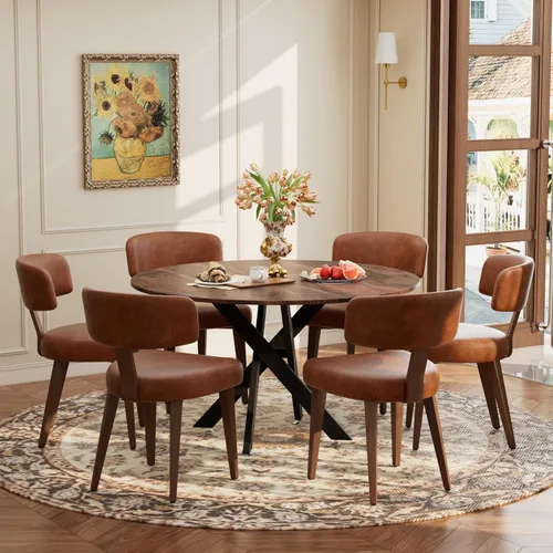 Miniatura 12 de Juego de mesa de comedor de madera para 2, mesa de cocina redonda de 36 pulgadas con 2 sillas de comedor Boucle, mesa de MDF con patas de metal