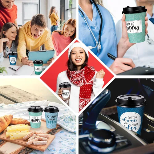 Miniatura 6 de Gerrii Paquete de 100 Tazas de Café Desechables con Tapas y Pajitas, Tazas de Papel Motivacionales con 6 Frases y Diseños, Tazas Calientes
