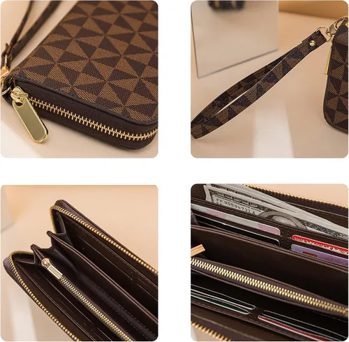 Miniatura 9 de Veki Billetera para mujer con doble cremallera y correa para la muñeca, monedero de cuero para tarjetas de crédito para mujeres y hombres, Negro A