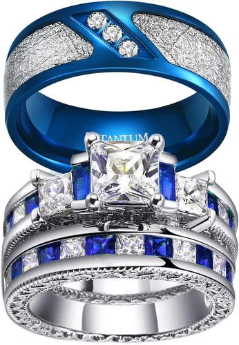 LOVERSRING 3 piezas anillo de pareja nupcial conjuntos de mujeres chapado en oro blanco azul zafiro Cz hombre titanio banda anillo de boda para él y